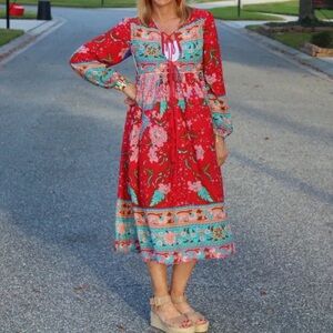 Red Floral Long-Sleeve Boho Maxi Dress with Turquoise Accents